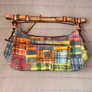 Dooney & Bourke Multicolor Plaid Patchwork Shoulder Bag with Tan Leather Strap